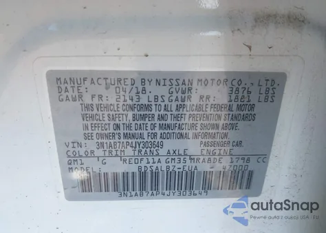 2018 Nissan Sentra S/Sv/Sr/Sl z USA, uszkodzony, nr VIN 3N1AB7AP4JY303649